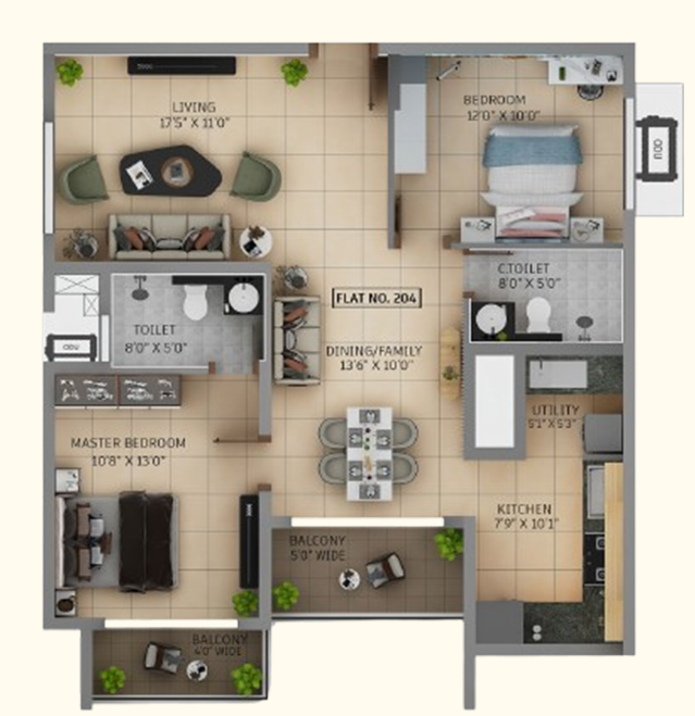 2 BHK 1375 sqft apartment floor plan layout – Sapthagiri Nirvana, Gunjur, Bangalore