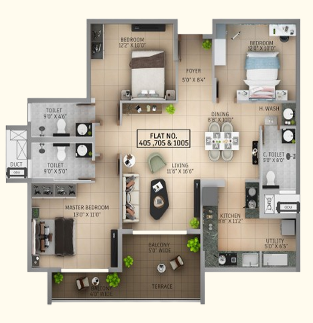 3 BHK 2033 sqft apartment floor plan layout – Sapthagiri Nirvana, Gunjur, Bangalore